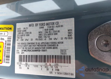 2021 Ford Bronco Sport Outer Banks z USA, uszkodzony, nr VIN 3FMCR9C68MRB15681